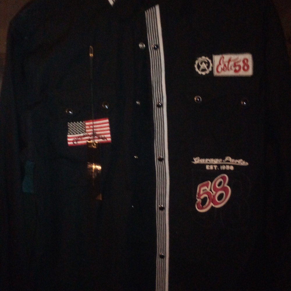 Christian Audigier Black Button-Up Shirt with Embroidered Patches